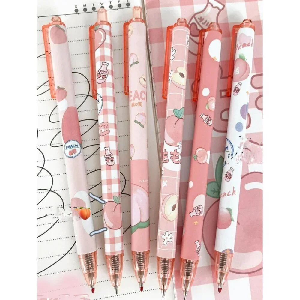 6pcs Peach Plastic Print Ballpoint Pen Multicolor